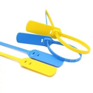 Sello de seguridad de plástico con banda lisa plana de 40cm de largo y 7mm de ancho, ajustable a tope, usados principalmente en compuertas, trailers, contenedores, bolsas, etc.